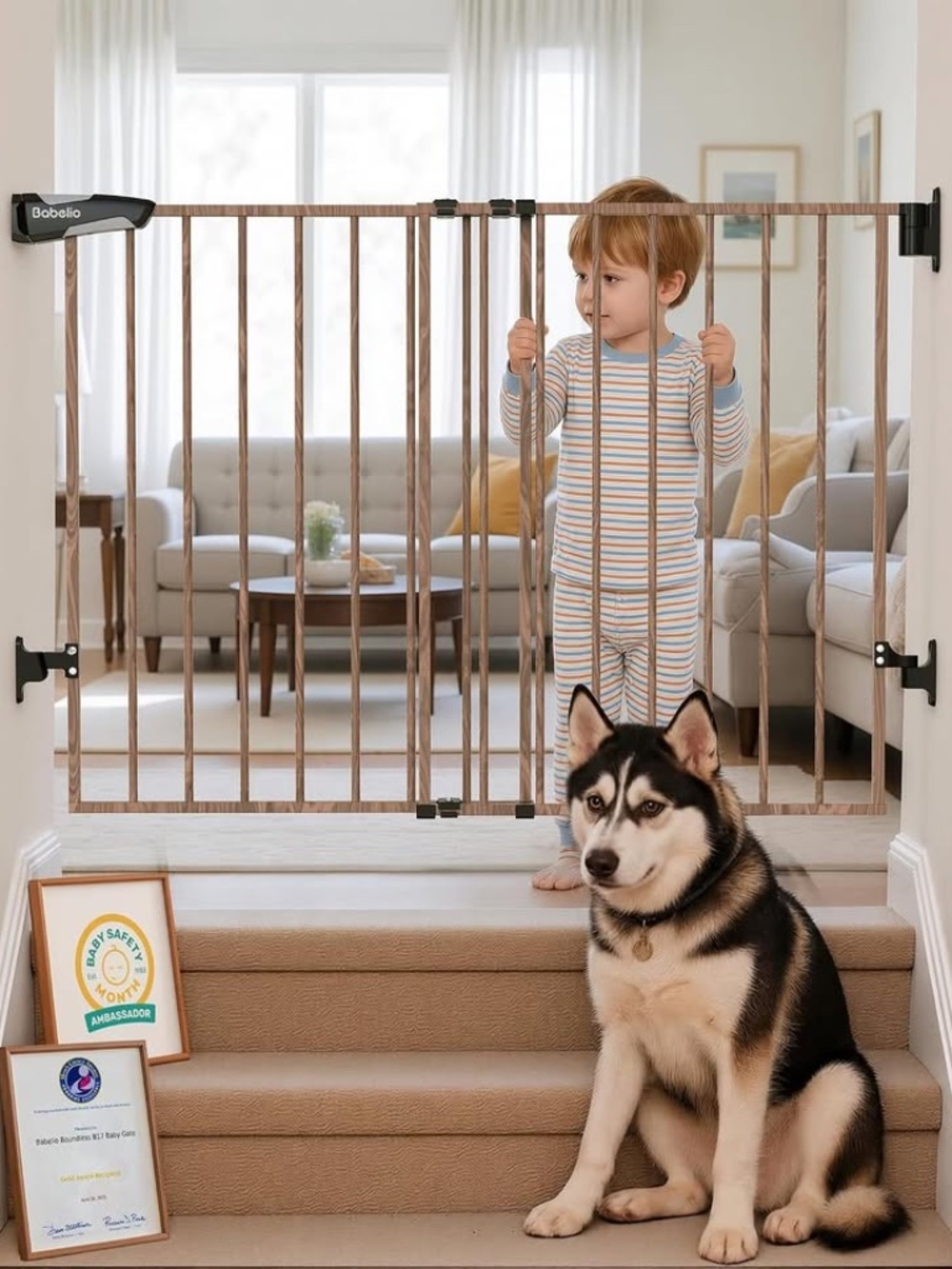 NEW Babelio No Bottom Bar Baby Gate, 28" H x 26-43" W, Brown Wood Pattern